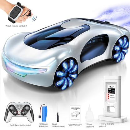 2.4G Gesture Sensing RC Stunt Car, LED Drift Racing Car with Spray Boost, USB Charging Station & Music Effects – 360° Flip Toy Gift (Handle+Watch RC Version) - color: White