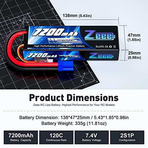 Zeee 2S Lipo Battery 7200mAh 7.4V 120C with EC5 Connector (2 Pack) | Hard Case RC Battery for RC Car Truck RC Vehicles Truggy Buggy Tank Helicopter Airplane Racing Models
