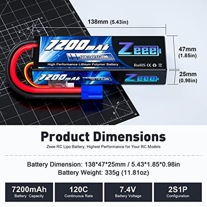 Zeee 2S Lipo Battery 7200mAh 7.4V 120C with EC5 Connector (2 Pack) | Hard Case RC Battery for RC Car Truck RC Vehicles Truggy Buggy Tank Helicopter Airplane Racing Models