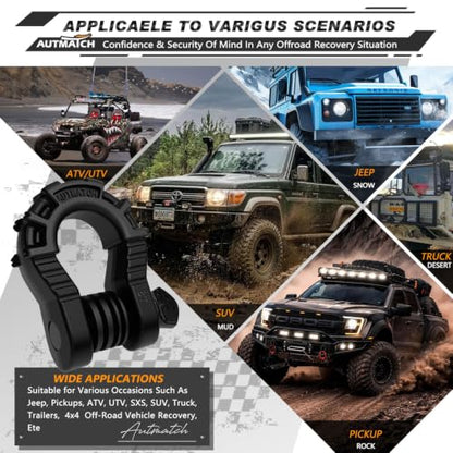 AUTMATCH D Ring Shackles 3/4" Mega Shackle (2 Pack) 68,000Ibs Break Strength - Heavy Duty Clevis Shackles 7/8" Screw Pin & Isolator Washer for Tow Strap Winch Off Road Vehicle Recovery, Frosted Black - color: Frosted Black
