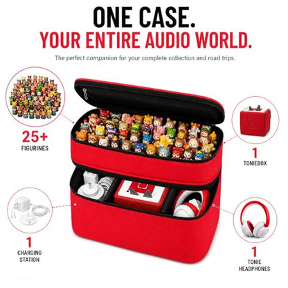 Bevegekos 2-Layer Carrying Case for Toniebox Gen 1 & 2, Holds 25+ Figures | EPE foam padded, 2 velcro dividers, fits headphones & charging station, adjustable strap, ideal for travel and daily use - color: Red