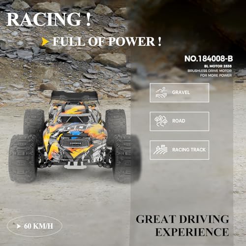GoolRC WLtoys 184008 Brushless RC Cars for Adults, 60KM/H High Speed Remote Control Car, 4WD 1:18 Scale All Terrain Off Road Monster Truck, 2.4GHz RC Racing Car with 2 Batteries (Yellow) - color: Yellow