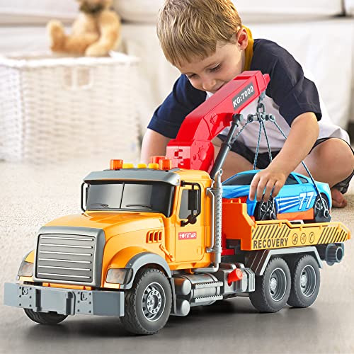 Dwi Dowellin Kids Toys for 3 4 5 6 7 Years Old Boys, 15" Large Tow Truck Toy,Friction Powered Transport Truck Crane Toy with Lights and Sounds,with Roadster,Toddlers Gifts - style: tow truck