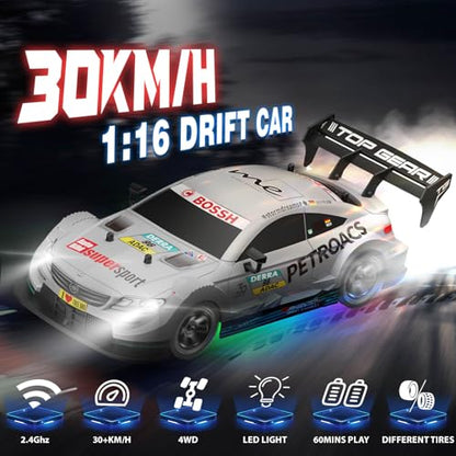 1/16 RC Drift Car, 2.4GHz 4WD Remote Control Drift Car, 30+KM/H High Speed Drift RC Cars with LED Lights 2 Batteries and Drift Tires Race Cars for Adults Boys Kids, Sliver - color: Silver