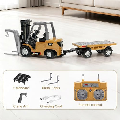 1/64 Full Proportional RC Forklift Toy,8 Channel 2 Mode Mini Remote Control Forklift Truck with Flatbed Tow Truck,2 in 1 Transformable Lift Fork & Hook with Rechargeable Battery for 4+ Kids - style: Full Proportion Forklift
