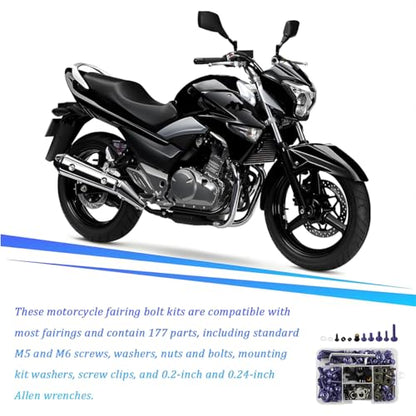 195PCS M5 M6 Motorcycle Fairing Bolt Kits, Stainless Steel Windshield Fairing Screws Fastener, Motorbike Windscreen Bolts Nut Clips Kit, Universal for Dirt Bike Scooters Motocross (Purple) - color: Purple