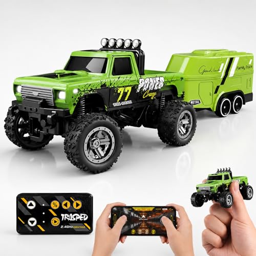 1:64 Scale Mini Remote Control Monster Truck with Trailer | 2.4GHz & App Dual Control, Alloy Mini RC Car with LED Lights, Portable Pocket Toy Car for Kids & Adults, Gift for Boys (Green) - color: Green