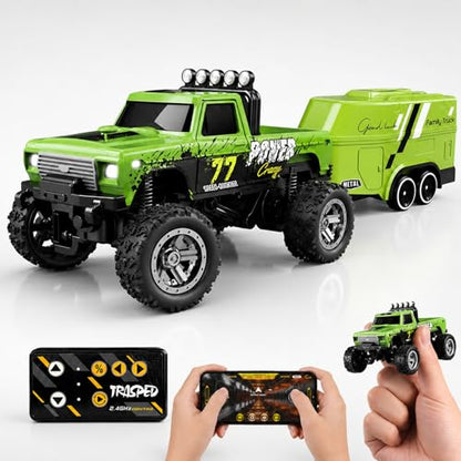 1:64 Scale Mini Remote Control Monster Truck with Trailer | 2.4GHz & App Dual Control, Alloy Mini RC Car with LED Lights, Portable Pocket Toy Car for Kids & Adults, Gift for Boys (Green) - color: Green