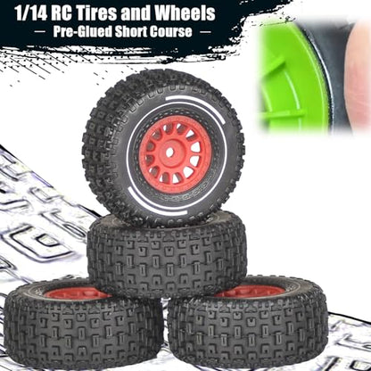 Pre-Glued 1/14 RC Truck Tires & Wheels (4PCS) - 12mm Hex All-Terrain Tires 2.56" OD - for Traxxas, ARRMA Mojave GROM,MJX Hyper Go 14301 14302 14303,Tamiya Kyosho HPI 1/14-1/18 Scale On/Off Road - color: Red