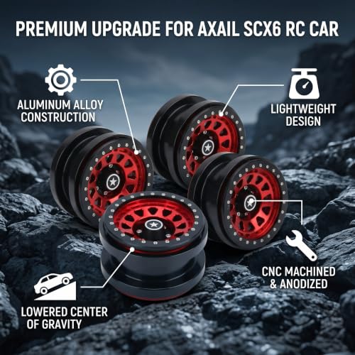 VBESTLIFE 4 PCS 2.9 Inch Wheels 12 Hole Alloy Wheels, 1/6 RC Car Wheels for AXAIL SCX6 1/6 RC Car - color: Red