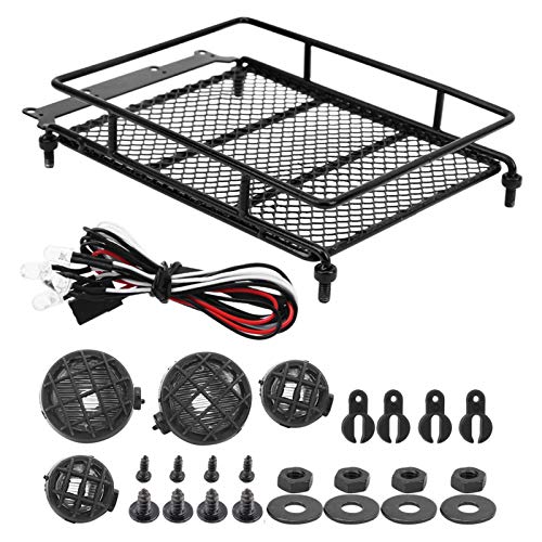 RC Crawler Roof Rack, Durable Metal Simulation Luggage Carrier with LED Light for Off-Road Adventure RC and Scale Hobbyists - color: Black