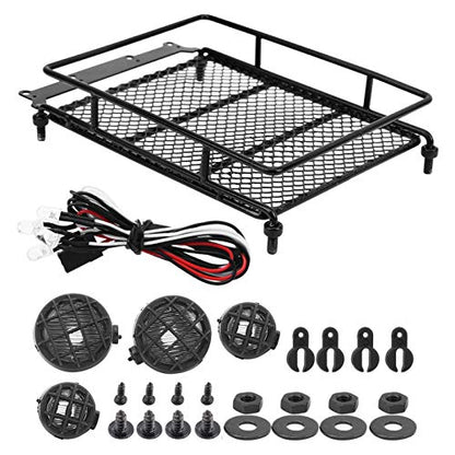 RC Crawler Roof Rack, Durable Metal Simulation Luggage Carrier with LED Light for Off-Road Adventure RC and Scale Hobbyists - color: Black