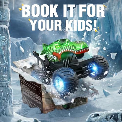 BEZGAR 1:20 Monster Truck Toys, 360°Stunt RC Cars with Music and Light | Green Dinosaur Toys with 2 Batteries and Wireless LED Strobe Lights, Remote Control Car with Glowing wheels for boys - color: Green