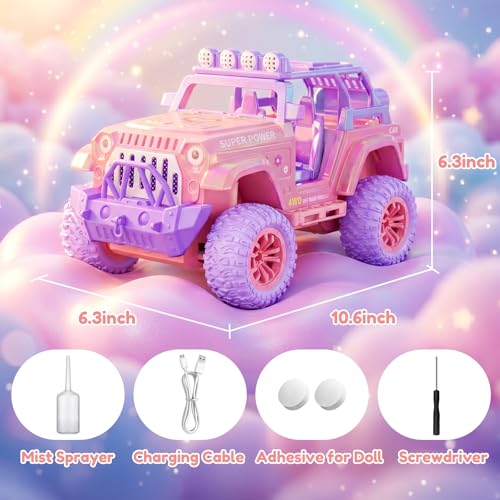 Remote Control Car for Girls with Spray and Sound, 2.4GHz Sparkling Pink RC | RC Cars for Kids with Dual Color Light & Doll, DIY Stickers, Windmill, Toy Cars Christmas Birthday Gift for Girls Age 6-12