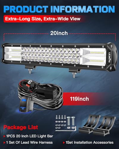 20Inch LED Light Bar with Wiring Harness Kit Spot Flood Combo Beam | 16AWG 280W LED Off Road Driving Work Lights Bar with 3PIN Rocker Switch for Je-ep Truck Pickup Golf Car Tractor SUV Golf Cart - size: 20 Inch LED Light Bar with Wiring Harness Kit