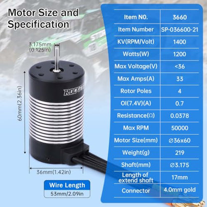 3660 1400kv Brushless Motor 4-Pole 3.175mm Shaft High Speed Waterproof Sensorless Motor for Most of 1:10 Scale RC Vehicles Truck Update Parts - style: KK3660 Motor 1400KV