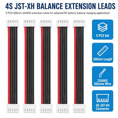 5-Pack 4S Balance Plug Extension Leads, 200mm 22AWG JST-XH Style Wires | Flexible 22AWG PVC-insulated wire extends 4S LiPo balance connections by 200mm for easier RC charging and cable routing.