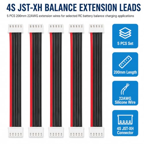 5-Pack 4S Balance Plug Extension Leads, 200mm 22AWG JST-XH Style Wires | Flexible 22AWG PVC-insulated wire extends 4S LiPo balance connections by 200mm for easier RC charging and cable routing.