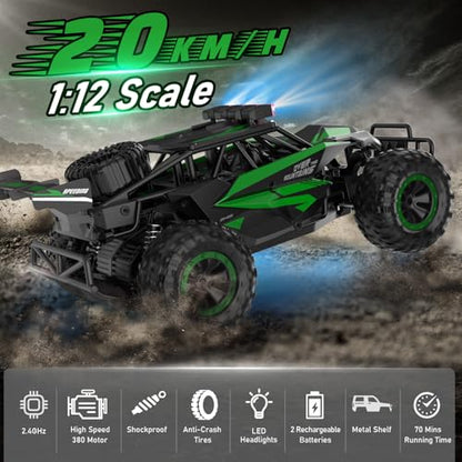 kolegend Remote Control Car 50+Min RC Cars Toys 1:12 Scale Monster Trucks 20KM/H Remote Control Monster Truck with LED Headlight and 2 Battery Gifts for Boys 8-12,Green - color: Green