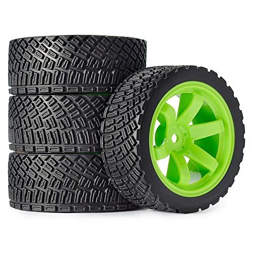 4PCS 65mm RC Rally Car Rubber Tires and 6-Spokes Wheel Rims 12mm Hex Compatible with 1/10 RC On-Road Rally Racing Car HSP Tamiya Sakura HPI WR8 HSP TT02 WLtoys (Green) - color: Green