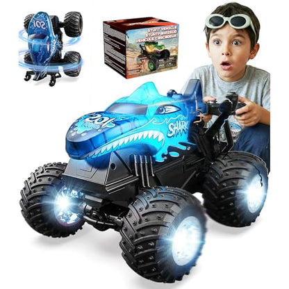 BEZGAR 1:20 Monster Truck Toys, 360°Stunt RC Cars with Music and Light | Blue Dinosaur Toys with 2 Batteries and Wireless LED Strobe Lights, Remote Control Car with Glowing wheels for boys - color: Blue