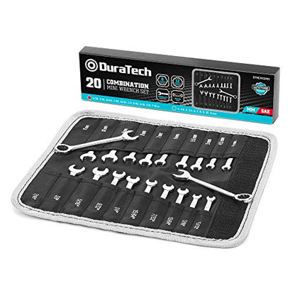 DURATECH Mini Wrench Set, Small Ignition Wrench Set, Mirror Polished | 20-Piece, Metric & SAE, 4mm-11mm & 5/32" - 7/16", Lightweight, with Rolling Pouch, for Tight Access in Confined Spaces