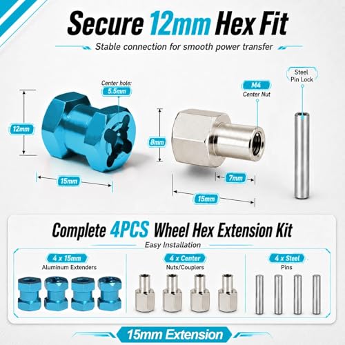 4PCS 12mm Hex Hub 15mm Aluminum Extension Hex for Axial SCX10 D90 90046 | 15mm CNC Wheel Hex Extenders for 1/10 RC Crawlers Redcat Gen7/Gen8 CC01 RC4WD Wider Stance & Tire Clearance with M4 Nuts Pins - color: skyblue
