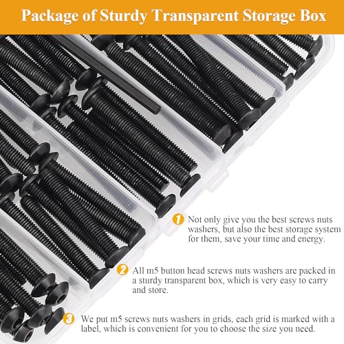 105 Pieces M5 x 30/35/40/45/50mm Button Head Socket Cap Screws Nuts Washers Set Black, Sutemribor M5 Long Screws, M5 Black Screws Nuts Washers Assortment Kit, 10.9 Grade Alloy Steel, Fully Threaded - size: M5 x 30-50mm, style: Button Head