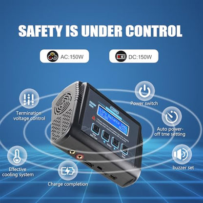 Lipo Battery Charger, 1-6S Balance Charger Discharge 150W 10A AC/DC for Li-Po Li-Hv Ion Fe NiMH NiCd Pb Hobby Batteries With Deans/Tamiya/JST/EC3/HiTec Connectors Cable Power Supply