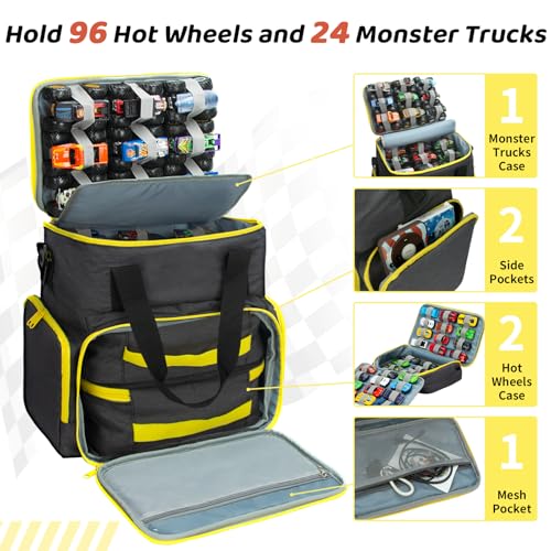 Tote Toy Cars Storage Bag with Inner Pouches – Holds 96 Cars and 24 Monster Trucks, Toy Cars Organizer Storage for Matchbox, Monster Trucks (Yellow)