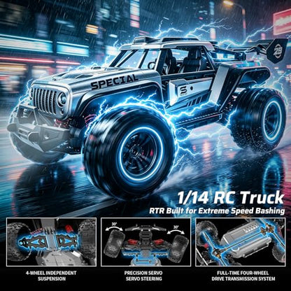 1/14 Remote Control Car, RTR Fast RC Crawler, 40+ MPH, 4WD All Terrain Monster Truck, Waterproof High Speed Racing Cars for Adults, Boys, Top Present for RC Car Lovers, Ages 8+