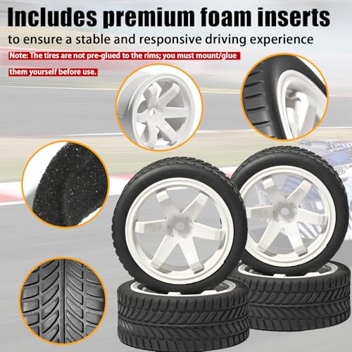 OD 2.55" On Road Rubber Tires Plastic Wheel Rims 12mm Hex for 1/10 RC Car | Compatible with MJX HSP Tamiya HPI Kyosho Traxxas Sakura Redcat WLtoys 1/10 RC On-Road Racing Touring Car (4pcs, White) - style: G-White