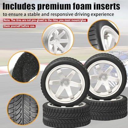OD 2.55" On Road Rubber Tires Plastic Wheel Rims 12mm Hex for 1/10 RC Car | Compatible with MJX HSP Tamiya HPI Kyosho Traxxas Sakura Redcat WLtoys 1/10 RC On-Road Racing Touring Car (4pcs, White) - style: G-White