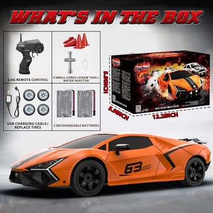 RC Drift Car, 1:16 Remote Control Car 2.4Ghz High Speed RC Cars 4WD Racing Sport Toy Cars with LED Lights, Spray, Drifting Tires, 2 Batteries for Kids Boys Girls Adults Birthday Christmas - color: Orange