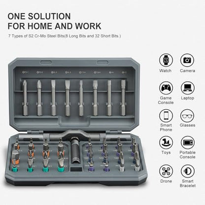 42 in 1 Magnetic Screwdriver, Screwdriver Set, Multi Bit Ratcheting Screwdriver Set with Storage Case Repair Tool Kit for Computer, Eyeglass, Bicycles, Watch, Ring Doorbell, Furniture and DIY - color: Grey Ratchet