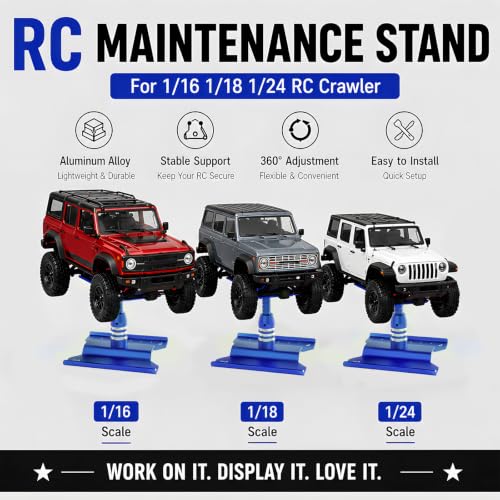 RC Car Repair Stand for 1/18 1/24 RC Cars, Aluminum Rotating Lift | Aluminum alloy, 360 degree rotating lift with magnetic pad, scale ruler, shock holes and anti-slip feet - color: Blue