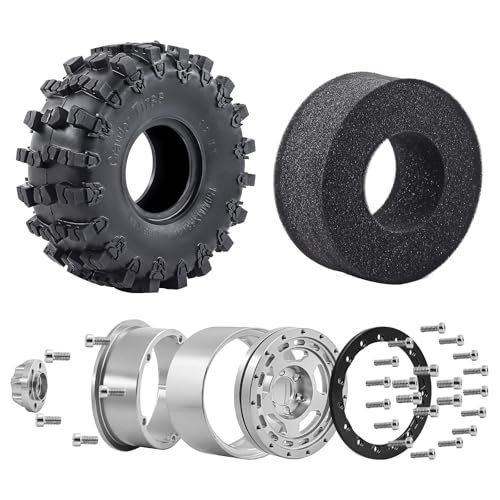 2.2" Beadlock Wheel Rims and Rubber Crawler Tires 150mm (5.91in) for 1/10 RC Crawler SCX10 RBX10 Wraith TRX4 (Silver) - color: Silver
