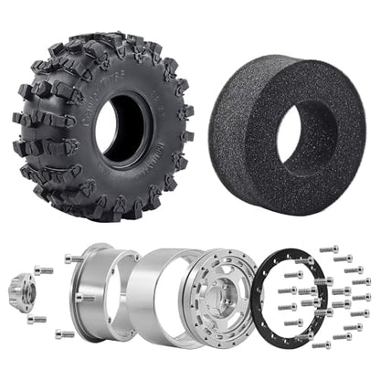 2.2" Beadlock Wheel Rims and Rubber Crawler Tires 150mm (5.91in) for 1/10 RC Crawler SCX10 RBX10 Wraith TRX4 (Silver) - color: Silver