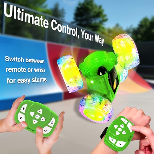 Contixo SC3A Toy Remote Control Car for Kids with Double-Sided 360° Rotating Stunt, 4WD Off-Road RC Cars with LED Lights, Birthday for Boys and Girls Ages 4 5 6 7 - Green - color: Green