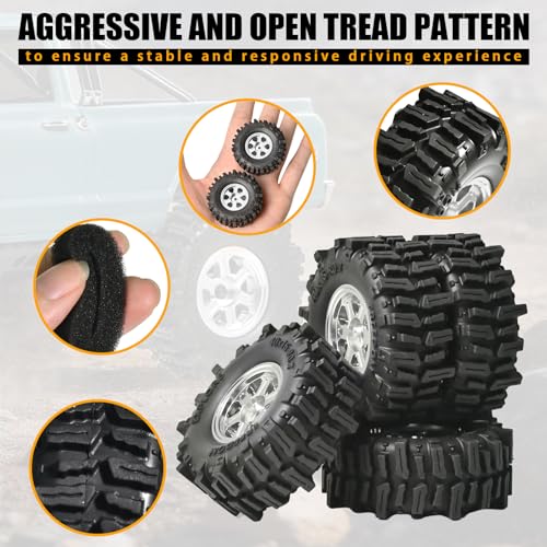 0.7” FS6 Super Soft Rubber Tires & CNC -1mm Offset Aluminum Beadlock Rims, 40×16mm Micro Crawler Wheels Tires Set for Axial SCX30 Redcat Ascent-32 1/30–1/32 RC Crawler, 4PCS Silver - color: Silver