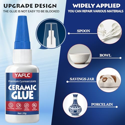 Ceramic Glue Repair Kit, Liquid Super Glue for Ceramic Repair 40g | Clear Instant Cyanoacrylate Adhesives for Food Safe, All Purpose for Shoe Plastic Leather Glass Metal Wood Pottery Porcelain - style: Ceramic Glue