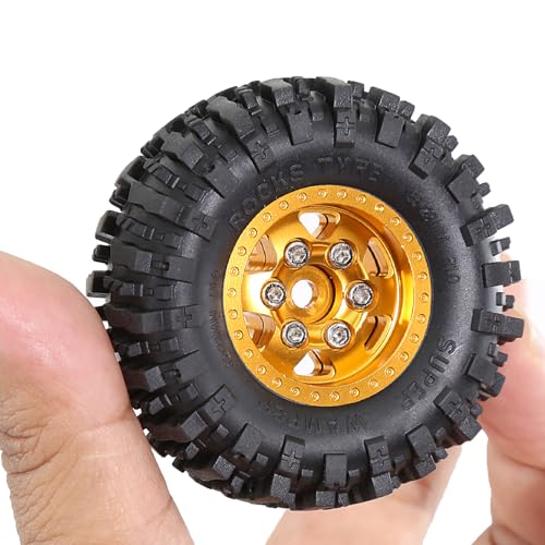 STMU 1.0in” Beadlock Wheel Tires Set for Ascent-18 APEX Axial SCX24 AX24 FCX24 Upgrade 1/24 1/18 RC Crawler Car (Golden) - color: Golden