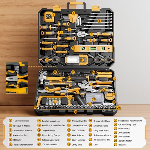 GRENPRO 239PCS Tool Set Tool Box Multi Car Mechanic Tool Kit for Home | Portable Tool Box, CR-V Steel, Complete Kit, Anti-Drop Slots, Household DIY, Auto Motorcycle, Home Garage for Men & Women - style: Yellow Hand Tool Set 239PC