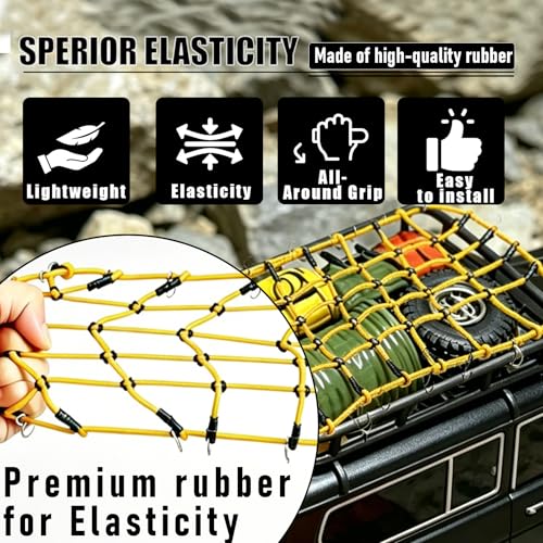 1/10 RC Elastic Cargo Net with Hooks, 240×140mm Roof Luggage Net for SCX10 | Compatible with 1/10 1/8 Traxxas TRX-4, D90, D110, SCX10, 90046 1/10 1/8 Crawler Truck Buggy Rack Accessories (Yellow) - color: Yellow