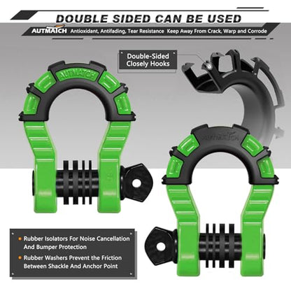AUTMATCH D Ring Shackles 3/4" Mega Shackle (2 Pack) 68,000Ibs Break Strength - Heavy Duty Clevis Shackles with 7/8" Screw Pin and Isolator Washer for Tow Strap Winch Off Road Vehicle Recovery, Green - color: Green & Black