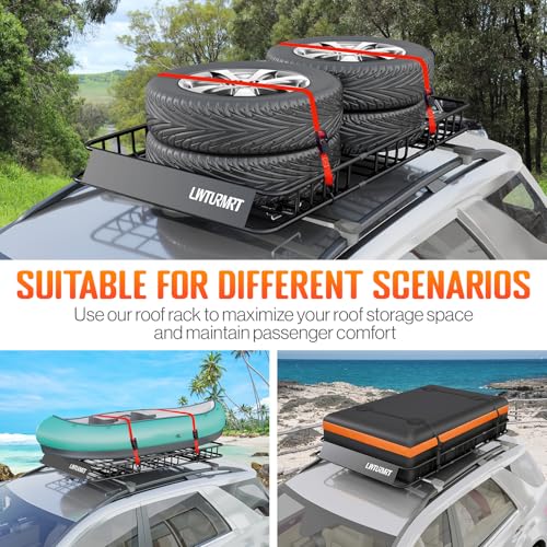 LWTURMRT 64 x 39 Inch Universal 300LB Heavy Duty Roof Rack Cargo with Cargo Net, Car Top Luggage Holder Carrier Basket for SUV,Truck or RV Camping Storage Steel Construction