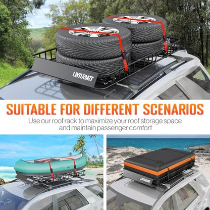 LWTURMRT 64 x 39 Inch Universal 300LB Heavy Duty Roof Rack Cargo with Cargo Net, Car Top Luggage Holder Carrier Basket for SUV,Truck or RV Camping Storage Steel Construction