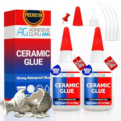 Adhesive Guru Ceramic Glue (2x0.7 oz) Super Glue for Pottery, Porcelain & China Repairs, Waterproof & Odorless After Cure, Non-Toxic, Temperature Resistant, Compatible with Aerosol Activator – 2 Pack - size: 2 Pack, style: Ceramic Glue