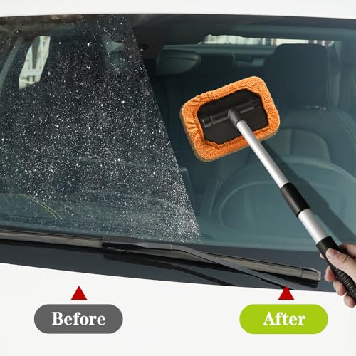 Windshield Cleaning Tool, Car Cleaning Window Tool, Car Window Cleaner with Unbreakable Extendable Handle and Microfiber Cloth, Scratch-Free Car Cleaning Brush for Auto Glass Wiper (Orange) - color: Orange