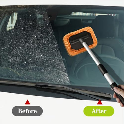 Windshield Cleaning Tool, Car Cleaning Window Tool, Car Window Cleaner with Unbreakable Extendable Handle and Microfiber Cloth, Scratch-Free Car Cleaning Brush for Auto Glass Wiper (Orange) - color: Orange